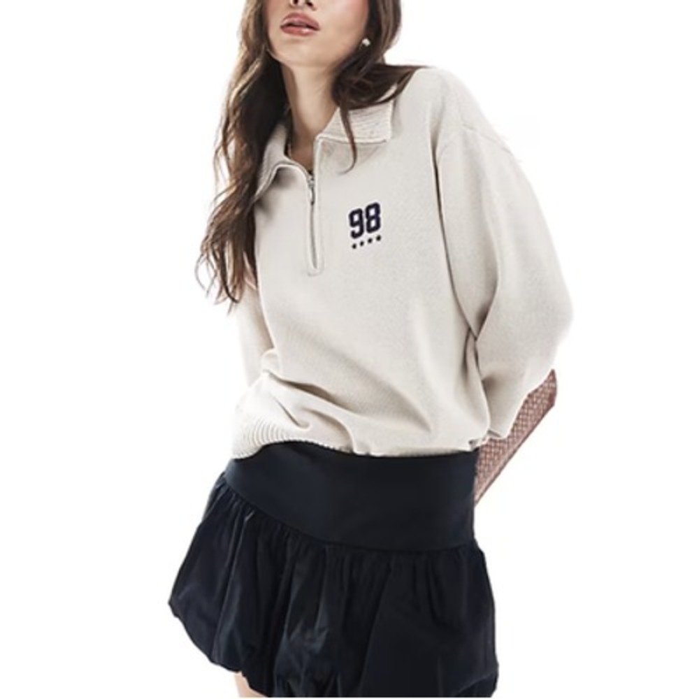 Hollister Sweater Womens M Beige 1/4 Zip Turtleneck 98 Graphic Knit Pullover